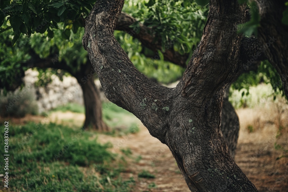 Mature fruit trees, gnarled branches, pathway, countryside Mature fruit trees, gnarled branches, pathway, countryside