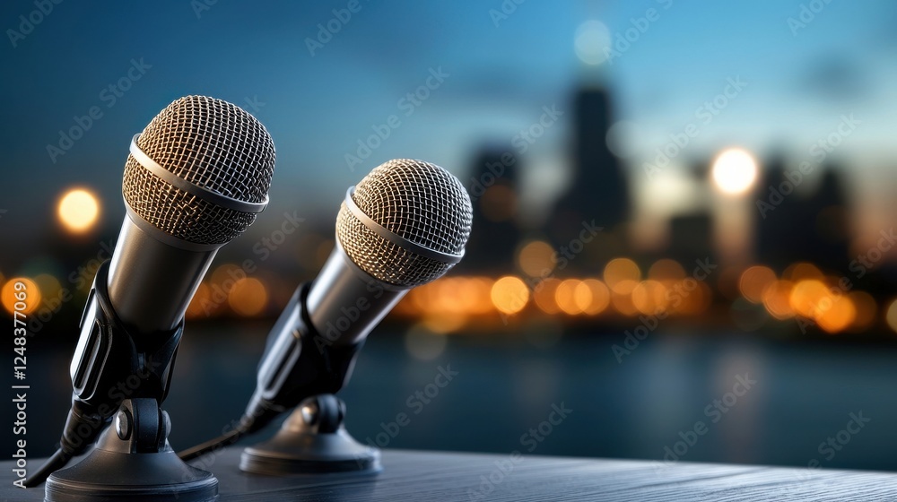 A closeup shot of multiple microphones set up on a table with a blurred city skyline in the background The microphones are the focal point suggesting a setting for a recording broadcast A closeup shot of multiple microphones set up on a table with a blurred city skyline in the background The microphones are the focal point suggesting a setting for a recording broadcast
