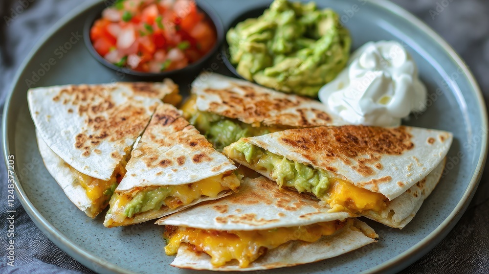 Delicious Quesadillas with Guacamole, Salsa and Sour Cream Plated Delicious Quesadillas with Guacamole, Salsa and Sour Cream Plated