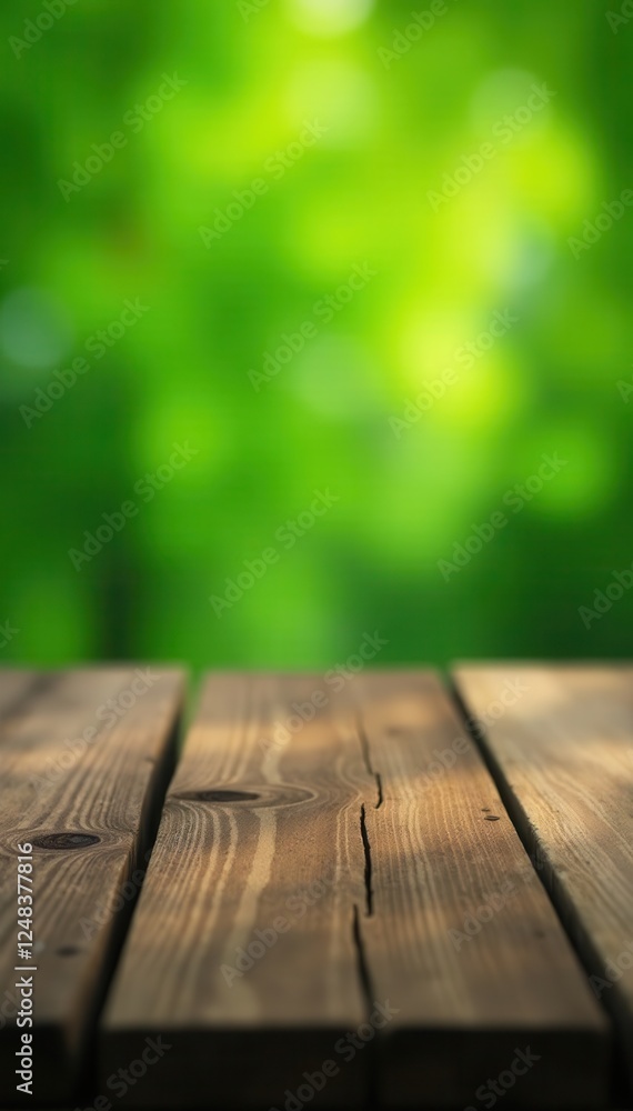 Close-up, weathered wood table; abstract green leaf bokeh , grain, spring Close-up, weathered wood table; abstract green leaf bokeh , grain, spring