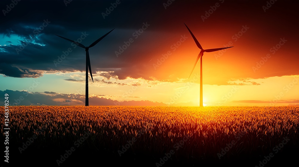 Obraz premium Wind Turbines Silhouette at Sunset Over Field