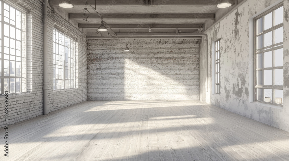 Fototapeta premium empty white brick wall industrial style bright wood floor 3d render illustration