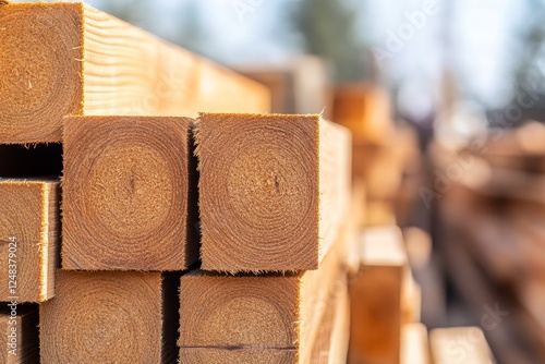 Stacked lumber,  stacked square wood beams,  construction site,  blurred background of more wood photo