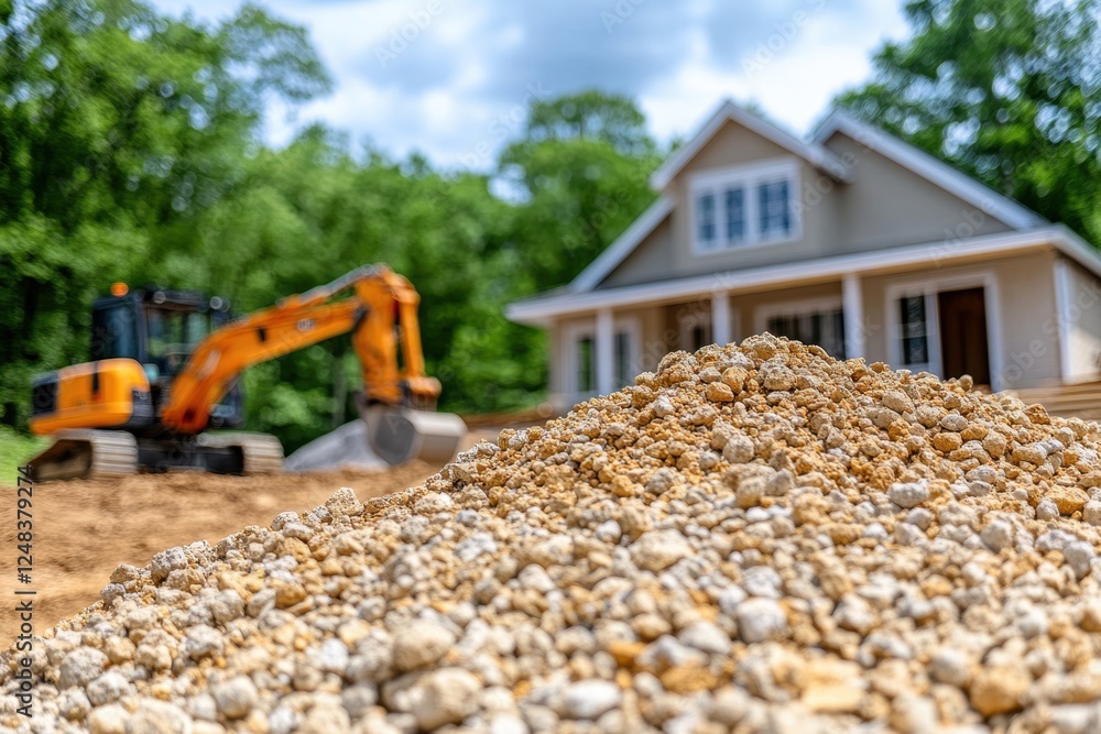 Obraz premium A construction site with a pile of gravel in the foreground and a house being built in the background, showcasing heavy machinery and landscaping.