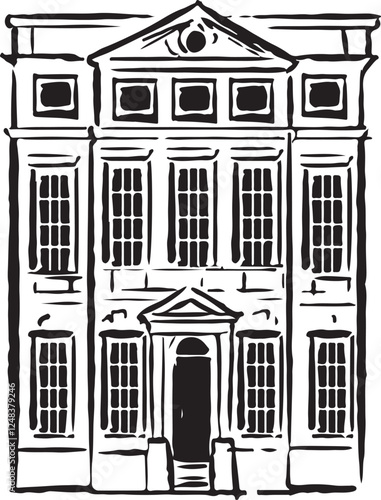 Fairfax House, York, England black and white ink sketch. Elegant Georgian townhouse with exquisite architectural details and historic charm. Tourism, travel, and cultural heritage projects