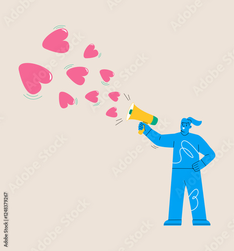 Woman holding megaphone spread love. Spread love concept. Colorful vector illustration