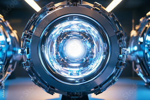 High-tech futuristic device with glowing elements in a modern laboratory setting