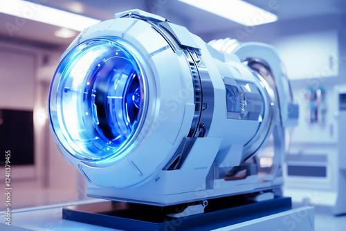 High-tech futuristic device with glowing elements in a modern laboratory setting