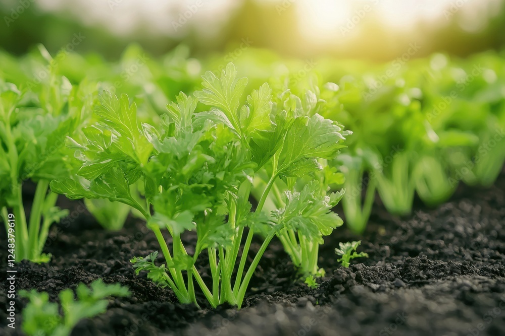 Celery growing in fertile soil under sunlight promoting sustainable agriculture Celery growing in fertile soil under sunlight promoting sustainable agriculture