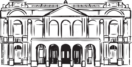 York Art Gallery, York, England black and white ink sketch. Elegant Victorian building with grand facade, home to fine art collections and exhibitions. Tourism, travel, and cultural heritage projects