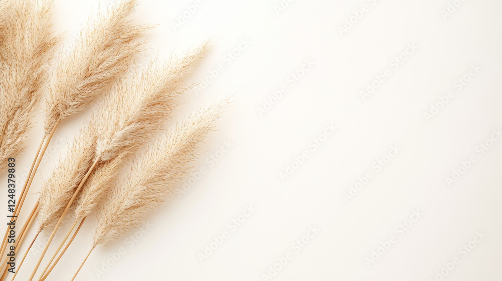 Minimalist beige pampas grass arrangement on a clean white background, showcasing natural textures and soft neutral tones, perfect for boho interior decor, wedding themes, or serene lifestyle concept
