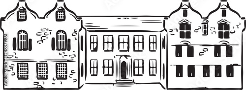 Treasurer's House, York, England black and white ink sketch. Elegant historic house with Georgian and medieval architectural elements, distinctive facade and rich heritage.  Tourism, travel project
