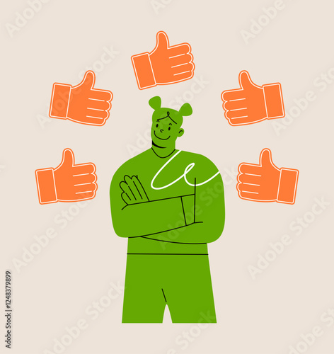 Woman surrounded by thumbs up icons. Colorful vector illustration