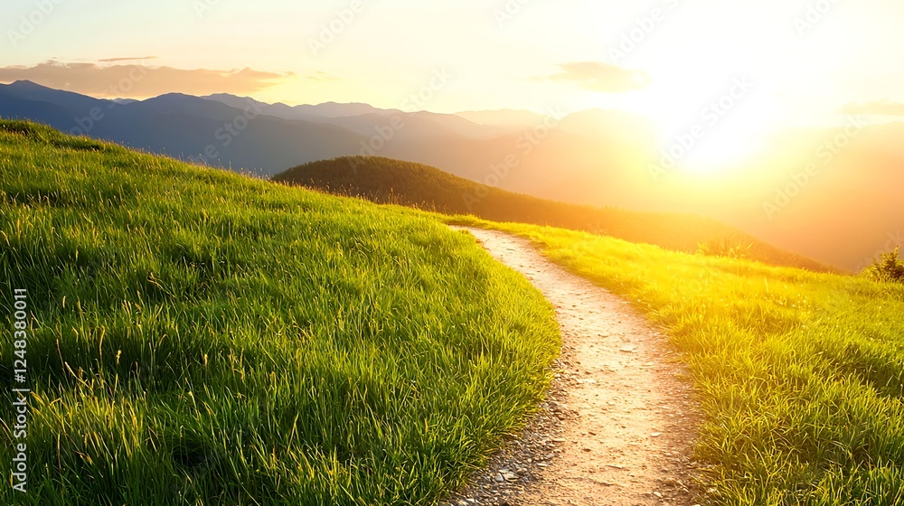 Obraz premium Winding Path Through Green Mountain Meadow at Sunset