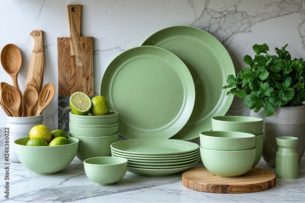 Fototapeta premium Soft Green Melamine Dinnerware Stylishly Enhances Kitchen Decor and Organization