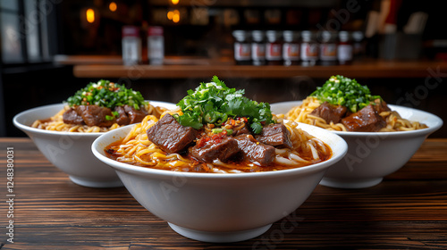  noodle shop with lanzhou beef noodles and tender beef slices photo