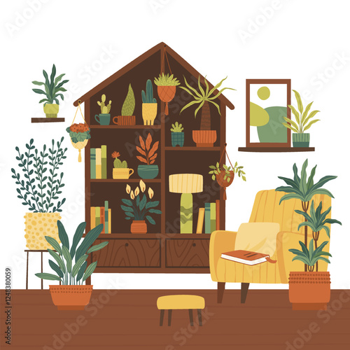 Cozy place for reading on armchair near house plants. Bookcase with flowers and books near armchair. Flat vector illustration