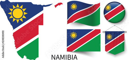 The different designs of Namibia's national flags and the map showing Namibia's borders