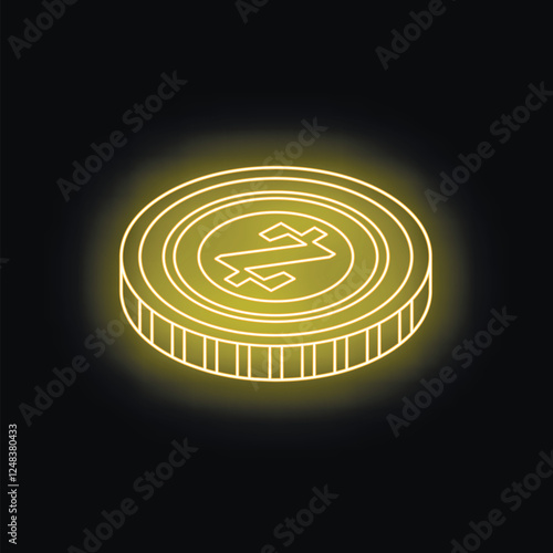 Glowing neon zcash cryptocurrency coin rotating on black background, digital currency, futuristic money, online payment concept