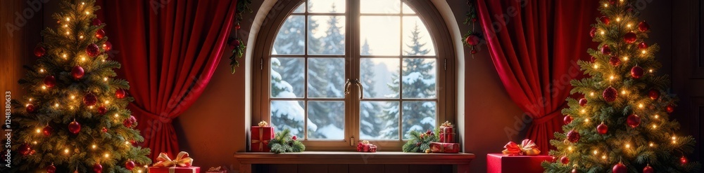 Fototapeta premium Arched window, red velvet curtains frame decorated Christmas trees, gifts , Christmas, yuletide