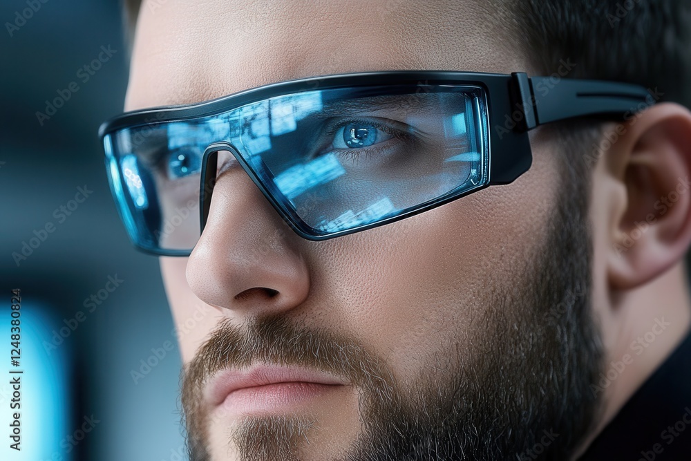 A close-up portrait of a man wearing futuristic glasses, showcasing a serious expression and striking blue eyes, set against a high-tech background. A close-up portrait of a man wearing futuristic glasses, showcasing a serious expression and striking blue eyes, set against a high-tech background.