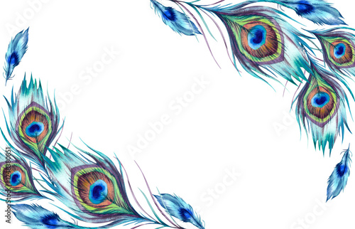 Peacock feathers on a white background, hand-painted. Rectangular holiday card frame, design for Diwali, Janmashtami festival. Watercolor illustration. A clipart for printing and arranging invitations