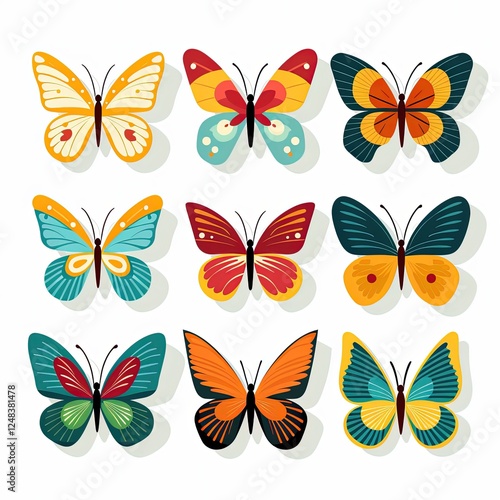 Set of Vibrant Butterfly Vector Stickers on a Plain White Background
