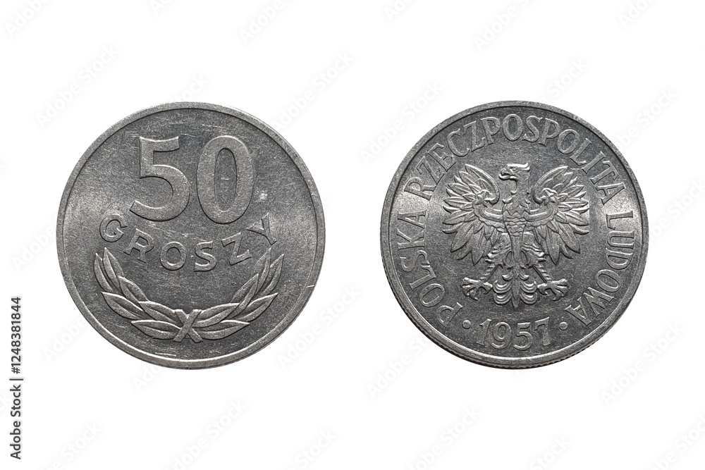 Naklejka premium Coin 50 Groszy 1957. Монета of Poland. Coin 50 groszy 1957 Obverse and Reverse on white background