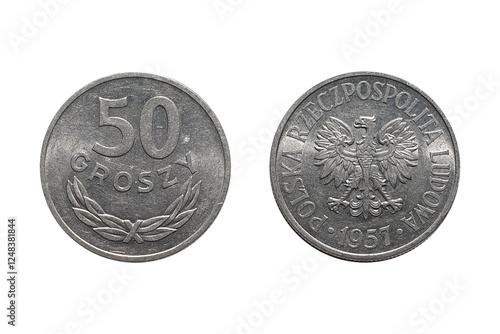 Coin 50 Groszy 1957. Монета of Poland. Coin 50 groszy 1957 Obverse and Reverse on white background photo