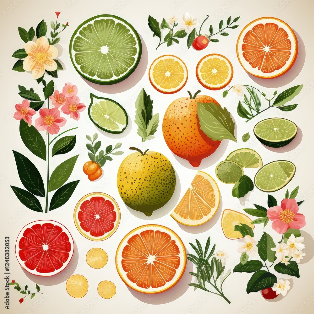 Artistic 2D Vector Illustrations of Various Fruits and Flowers in a Modern Style Artistic 2D Vector Illustrations of Various Fruits and Flowers in a Modern Style