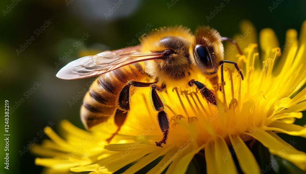 A honeybee collecting nectar from a bright yellow dandelion, with visible pollen grains, highlighting the beauty of nature and pollination.
A honeybee collecting nectar from a bright yellow dandelion, with visible pollen grains, highlighting the beauty of nature and pollination.
