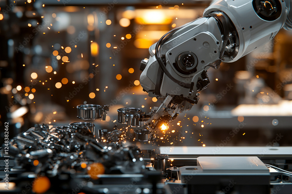 Industrial robotic arm assembling metal components with sparks flying Industrial robotic arm assembling metal components with sparks flying