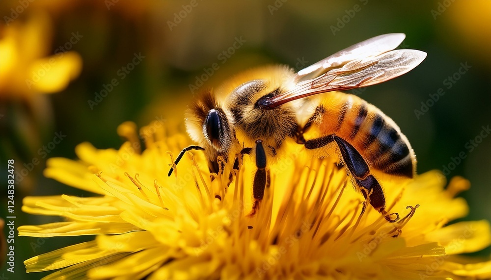 A honeybee collecting nectar from a bright yellow dandelion, with visible pollen grains, highlighting the beauty of nature and pollination.
A honeybee collecting nectar from a bright yellow dandelion, with visible pollen grains, highlighting the beauty of nature and pollination.
