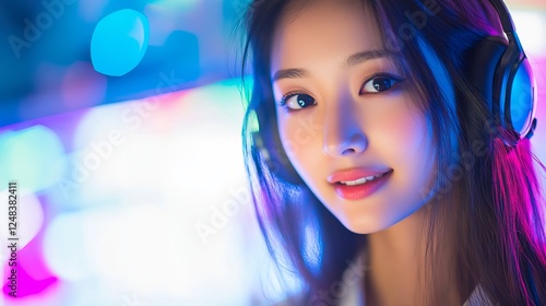 Young Asian Woman with Headset Engaged in Virtual Meeting with Colorful Background