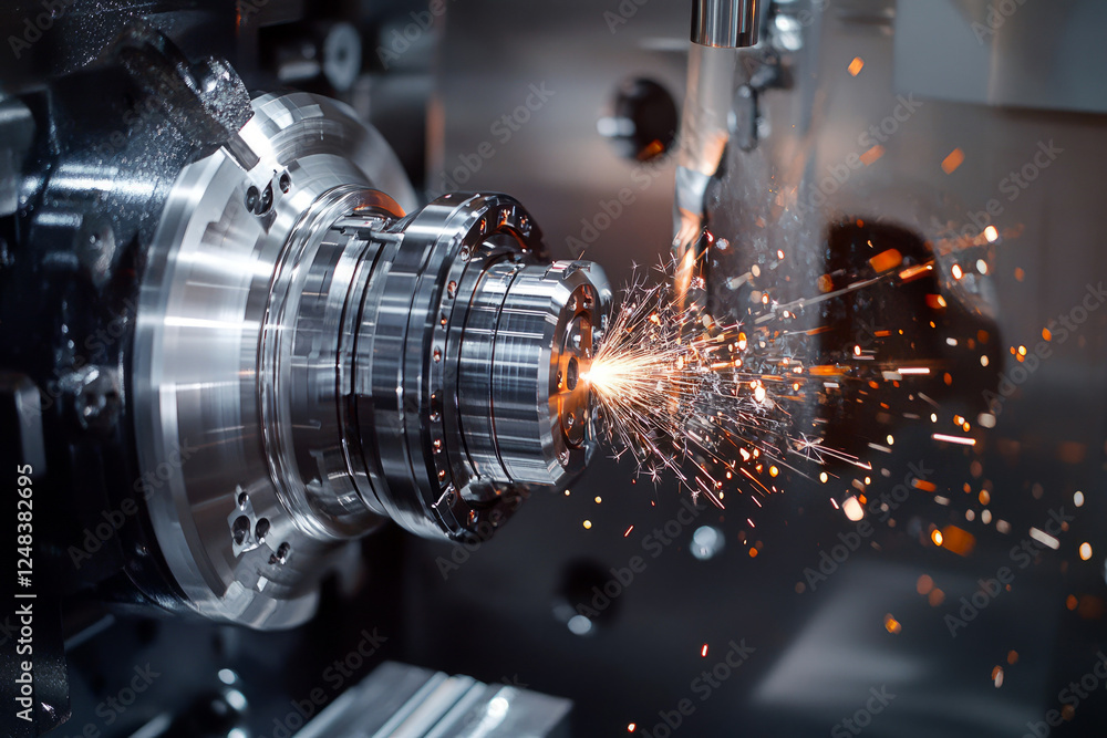 High-precision CNC machine cutting metal with bright sparks flying High-precision CNC machine cutting metal with bright sparks flying