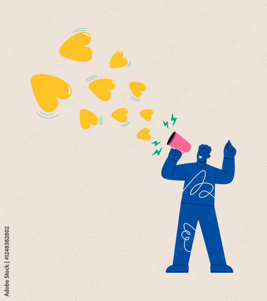 Man holding megaphone spread love. Spread love concept. Colorful vector illustration Man holding megaphone spread love. Spread love concept. Colorful vector illustration