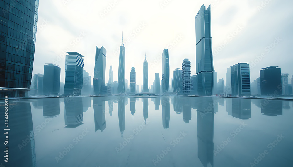 Futuristic City Skyline with Reflective Glass Skyscraper Futuristic City Skyline with Reflective Glass Skyscraper
