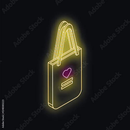 Isometric glowing shopping bag with heart symbol representing love for shopping and consumerism
