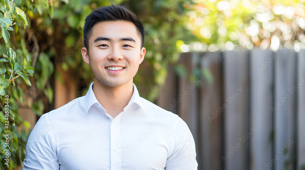 Smiling Asian Man in Formal Shirt Facing Camera Against Lush Greenery in Outdoor Setting Smiling Asian Man in Formal Shirt Facing Camera Against Lush Greenery in Outdoor Setting