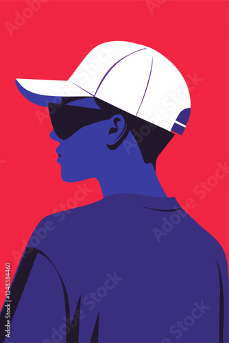 Stylized profile of a man wearing a white cap and black sunglasses, set against a bold red background