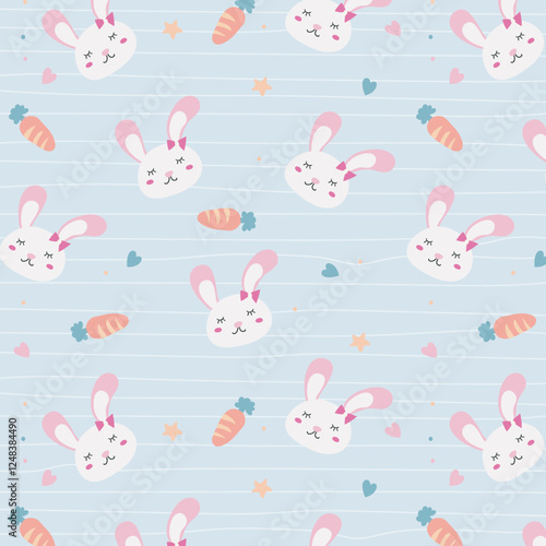 Seamless pattern with bunny rabbit cartoons, cute flower and carrot on stripped background. Rabbit face icon sign vector.