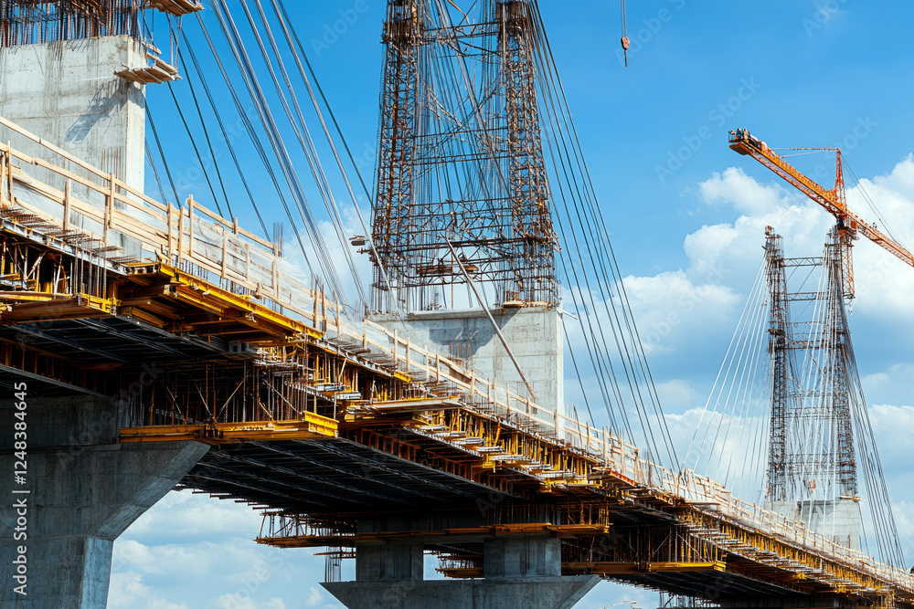 Fototapeta premium Bridge construction with cranes and scaffolding under a blue sky