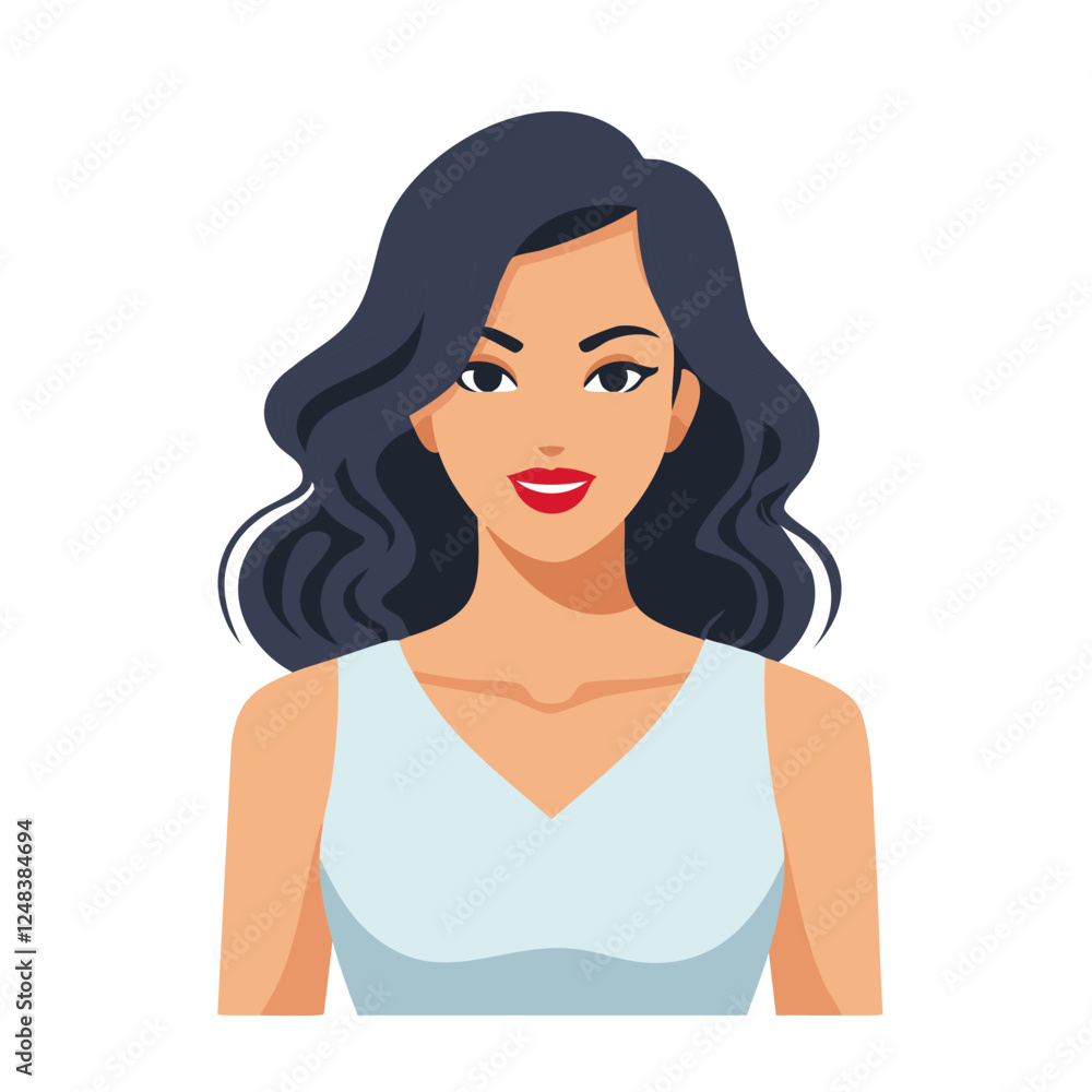 A confident smiling woman with wavy dark hair, bright red lips, and a sleeveless light blue top A confident smiling woman with wavy dark hair, bright red lips, and a sleeveless light blue top