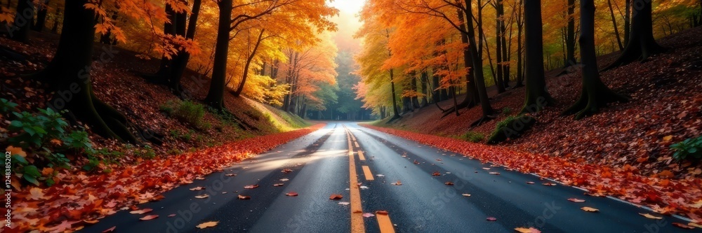 Fototapeta premium Dark asphalt, colorful autumn leaves on road, forest backdrop , light, glossy, photography