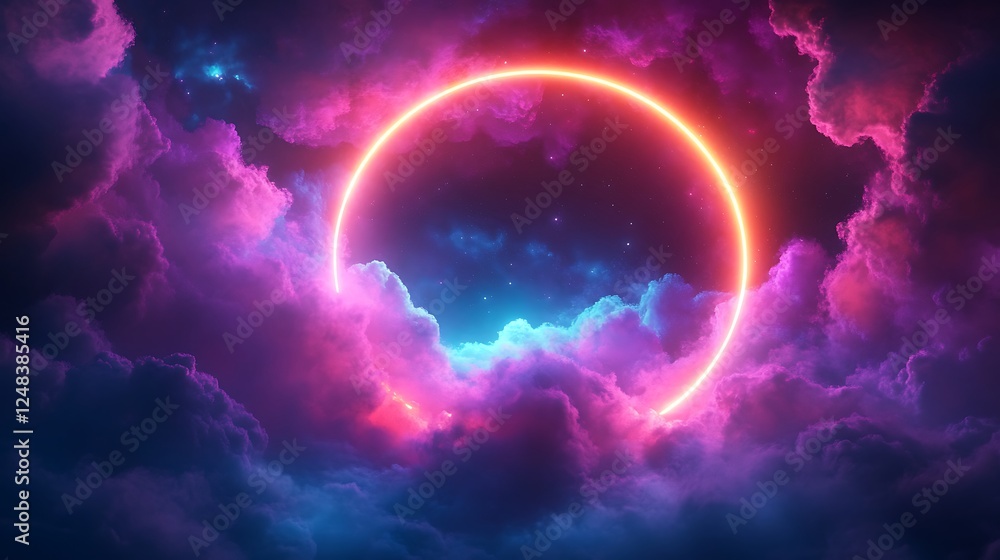 Glowing Neon Circle in Pink Cloudscape Glowing Neon Circle in Pink Cloudscape