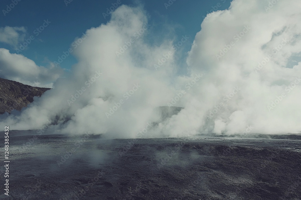 Obraz premium Steam rising from geothermal features at sunset in a national park