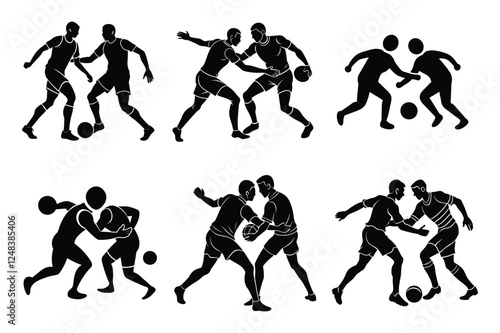 Two players fighting for the ball during a game black silhouette vector.