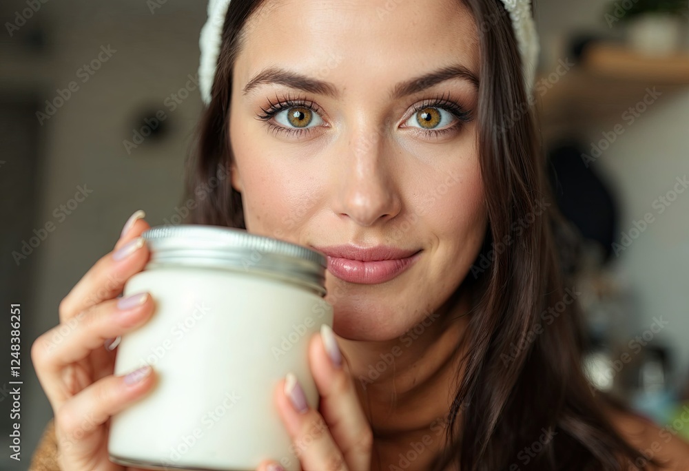 closeup woman with cream jar looking at camera closeup woman with cream jar looking at camera