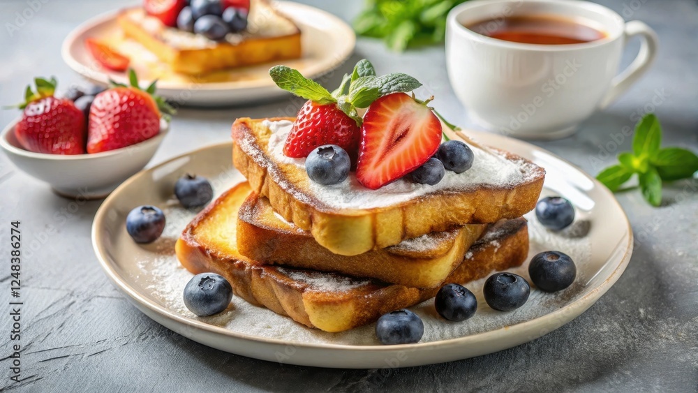 Delightful Stack of French Toast Topped with Fresh Strawberries and Blueberries, Powdered Sugar, and Mint Garnish Served on a Plate Delightful Stack of French Toast Topped with Fresh Strawberries and Blueberries, Powdered Sugar, and Mint Garnish Served on a Plate
