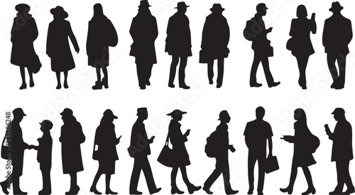 Stylish and diverse silhouettes of people walking, interacting, and using mobile devices.